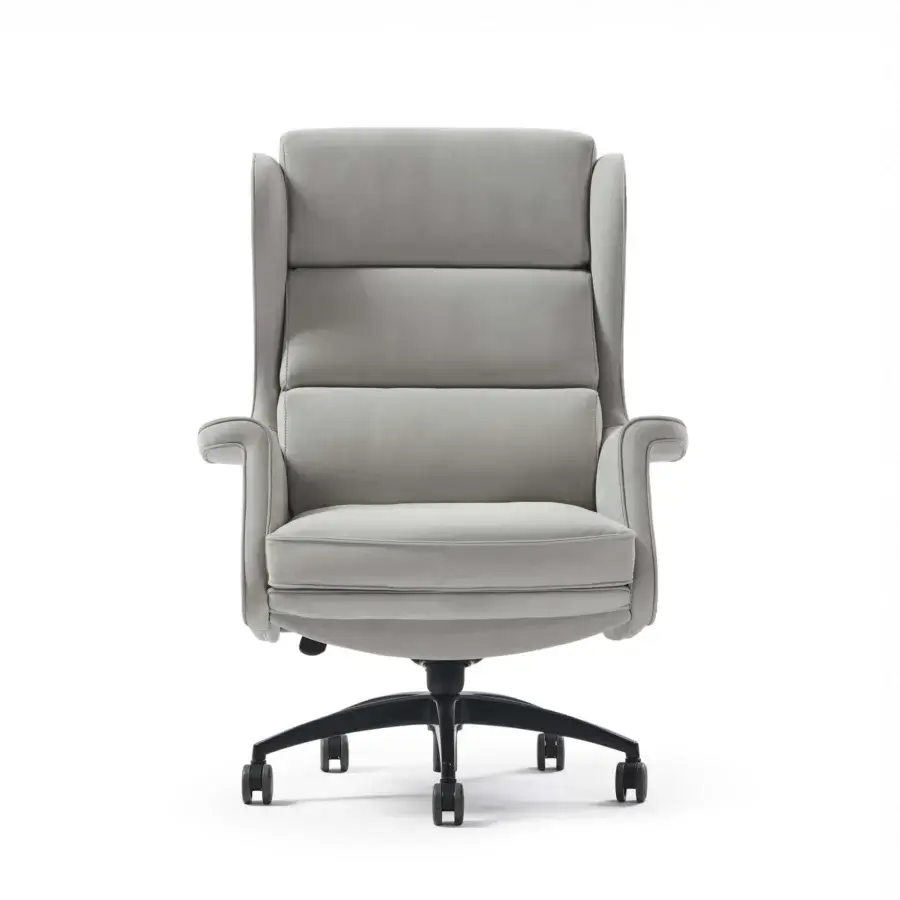 Distinguished Mascheroni One Office armchair upholstered in light-grey textile with a dark matte-finish metal base