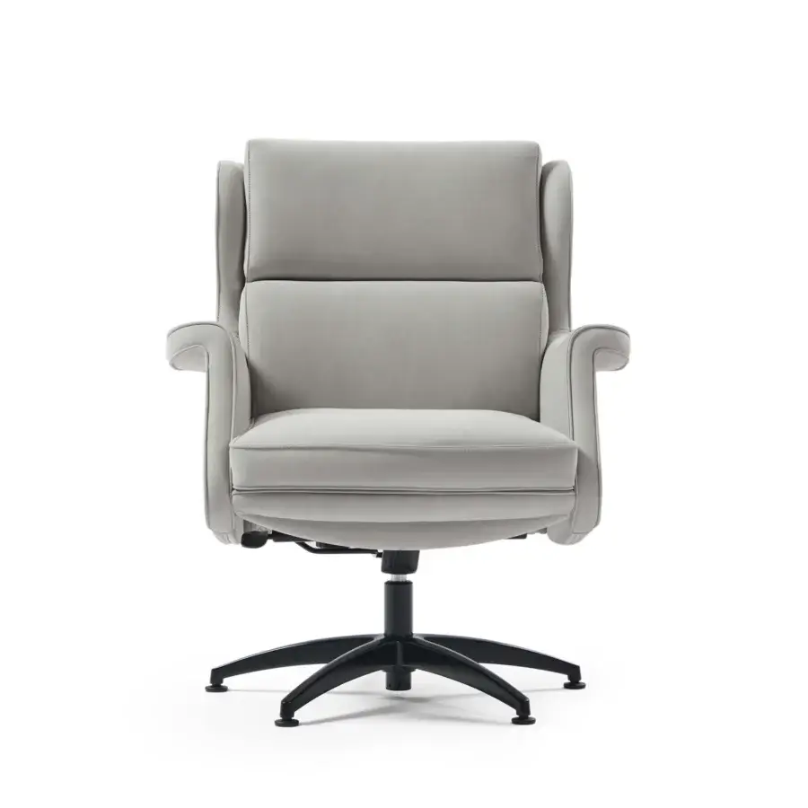 Elegant Mascheroni One Office armchair upholstered in smooth neutral gray synthetic material with a satin-finish dark metal base