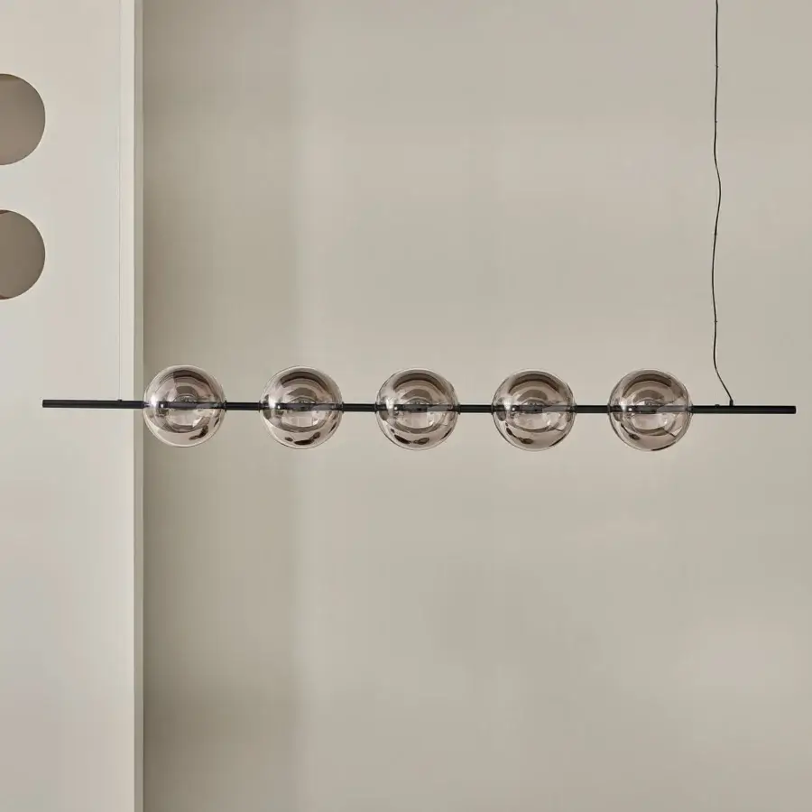 Elegant Bontempi Sferatus suspension lamp with amber-toned borosilicate glass spheres and a sleek matte black metal finish