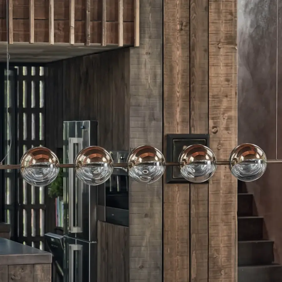 Exceptional Bontempi Sferatus suspension lamp with partially mirrored borosilicate glass spheres and satin light-colored metal rod
