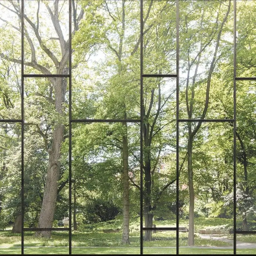 Distinguished Adriani e Rossi Views wallpaper transforms interiors with fragmented rectangular panels and lush greenery within a glass-like fiberglass base