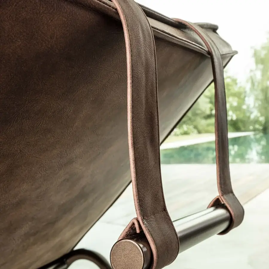 Refined Enrico Pellizzoni Daybed Chaise Lounge with dark matte metal frame and smooth dark brown leather upholstery