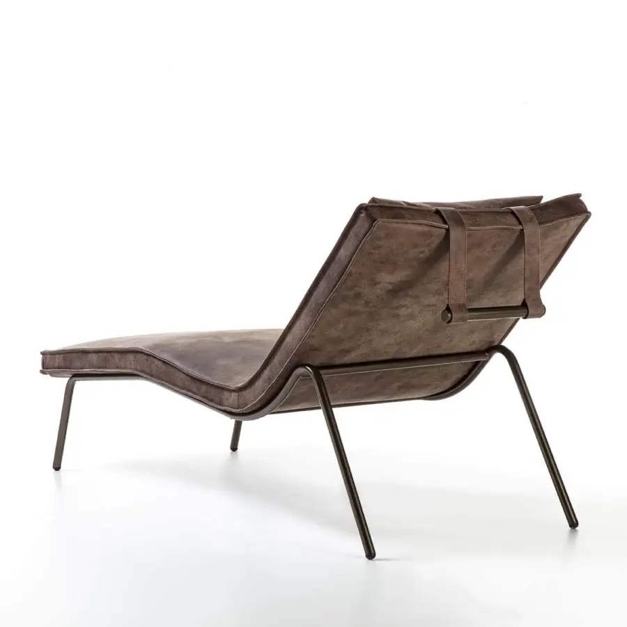 Lavish Enrico Pellizzoni Daybed Chaise Lounge crafted in muted brown leather with a slender metal frame and subtly distressed finish