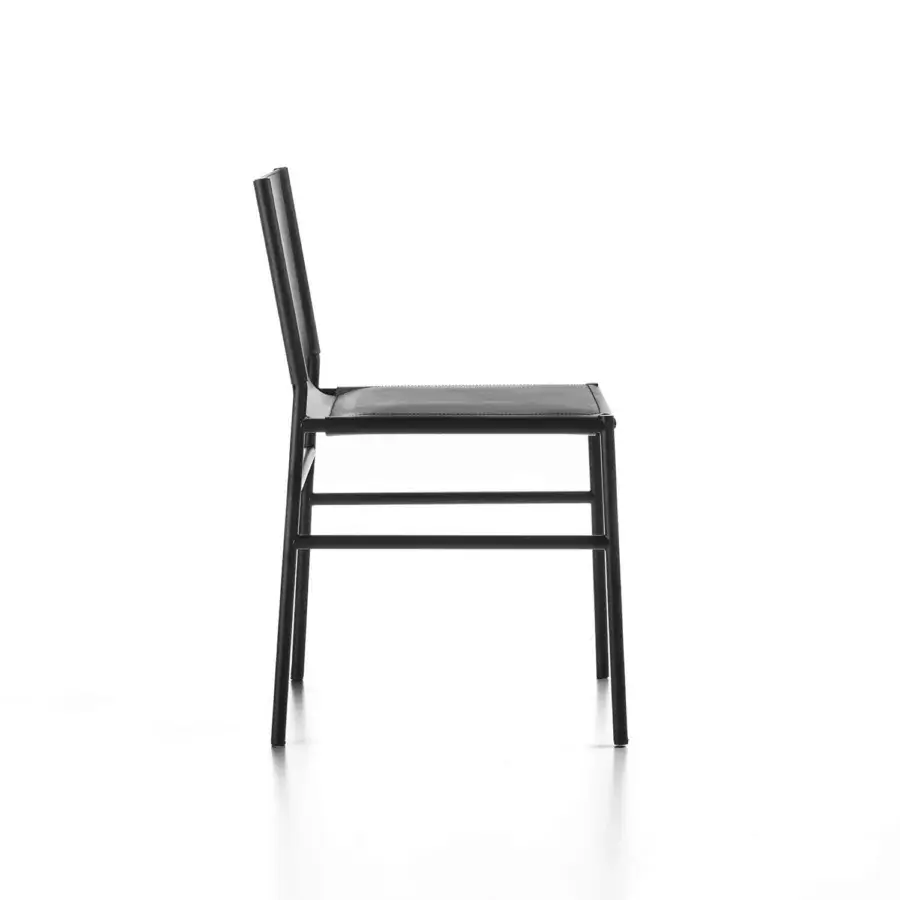 Distinguished Enrico Pellizzoni Elena chair with geometric form crafted in refined leather and tubular metal with matte black finish
