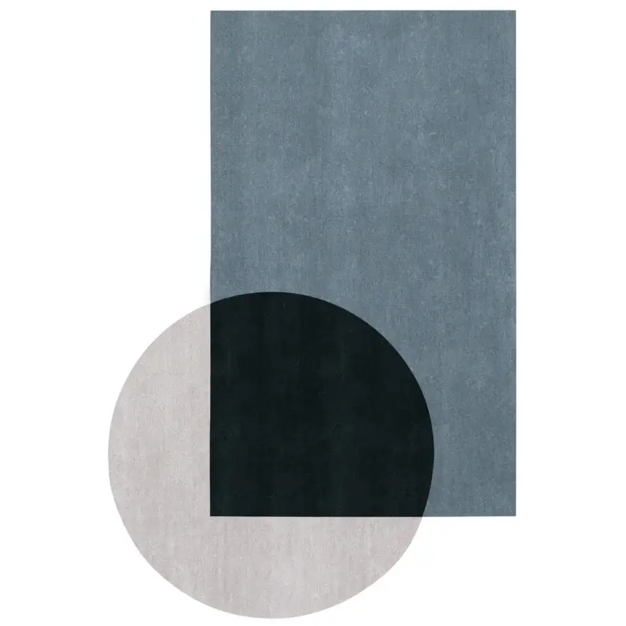Distinguished Amini Teorema Hybrid rug hand-tufted in India with wool and tencel, showcasing an asymmetrical blue-grey design and chiseled pile