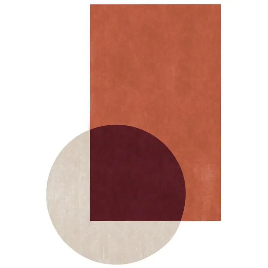 Lavish Amini Teorema Hybrid rug hand-tufted in India with wool and tencel displaying terracotta and burgundy abstract design with two-level pile