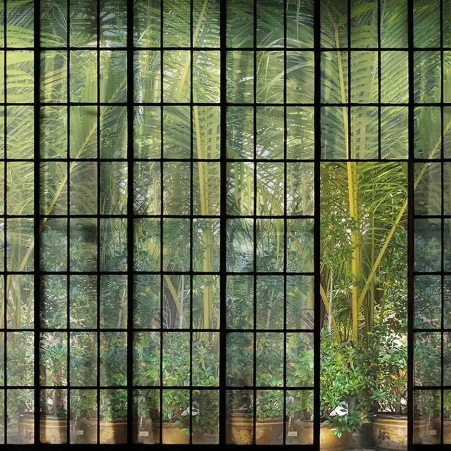 Distinguished Adriani e Rossi Views wallpaper showcases lush tropical foliage within a striking grid with a fiberglass base finish