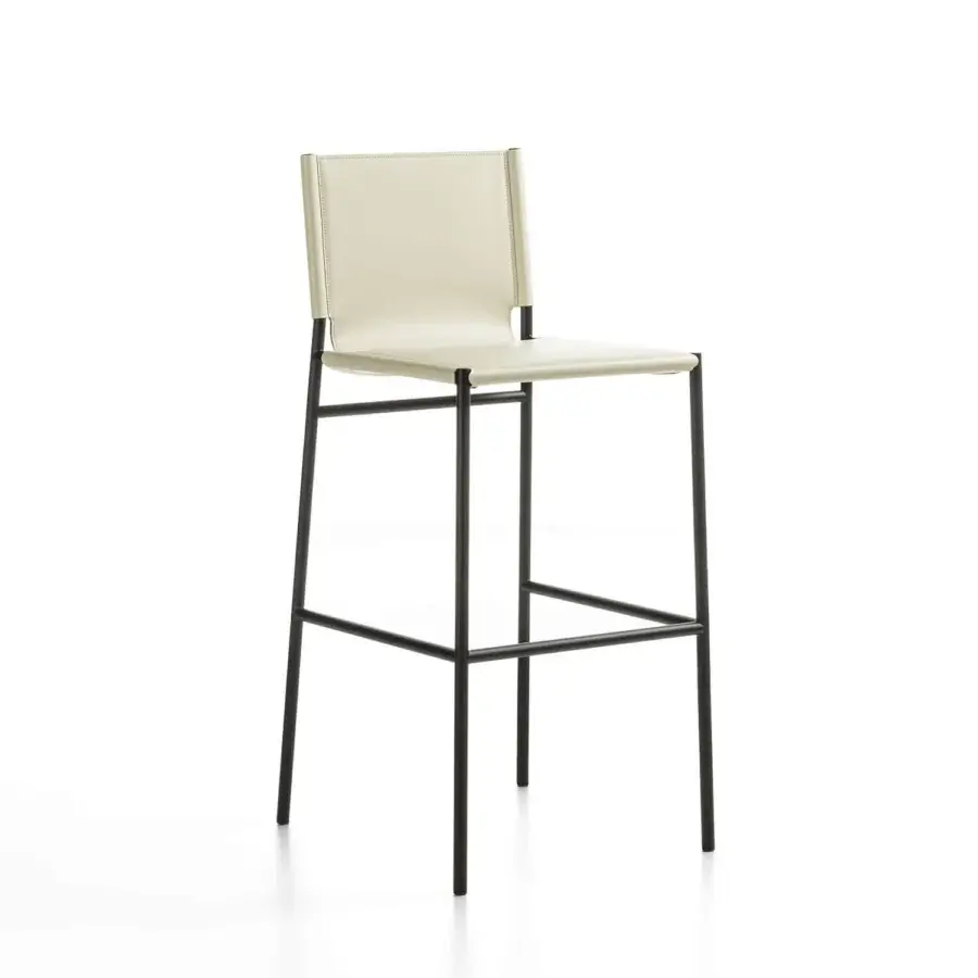 Elegant Enrico Pellizzoni Elena stool crafted in dark matte metal with light beige leather upholstery for enduring support