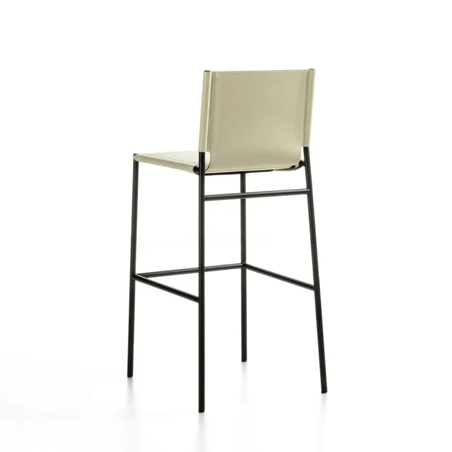 Elegant Enrico Pellizzoni Elena stool with matte dark gray metal and muted light greenish-gray leather upholstery