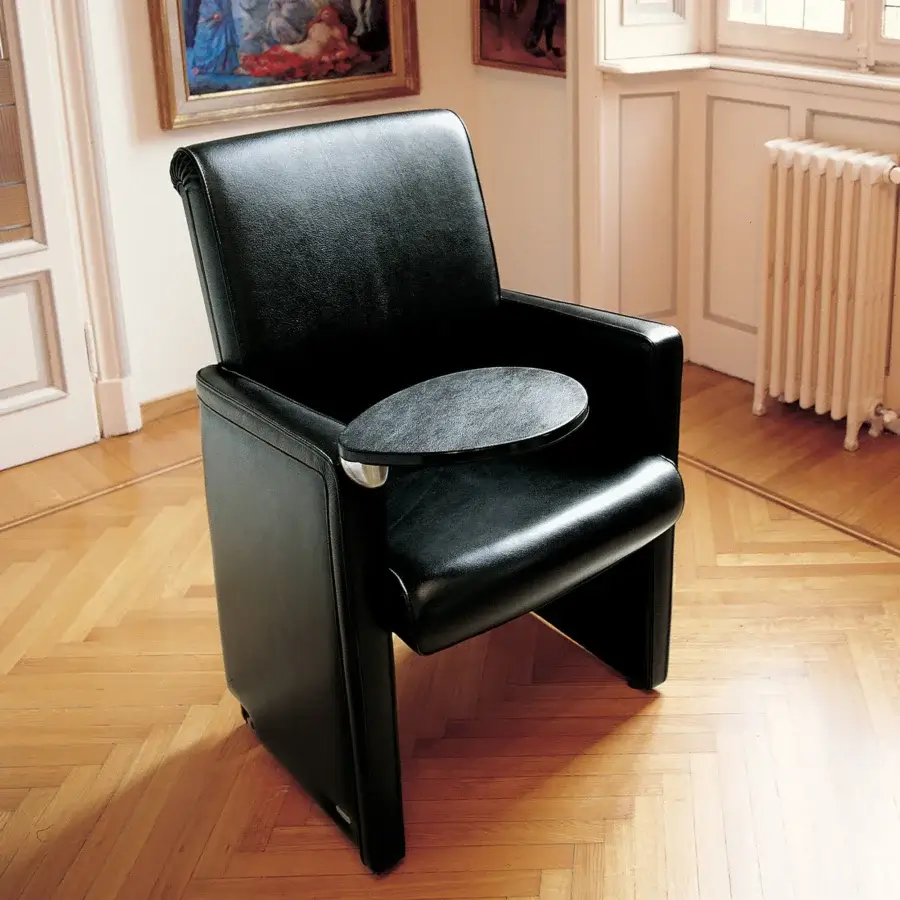 Exclusive Mascheroni Ypsilon V armchair in black natural ox leather with integrated writing tablet and small back castors