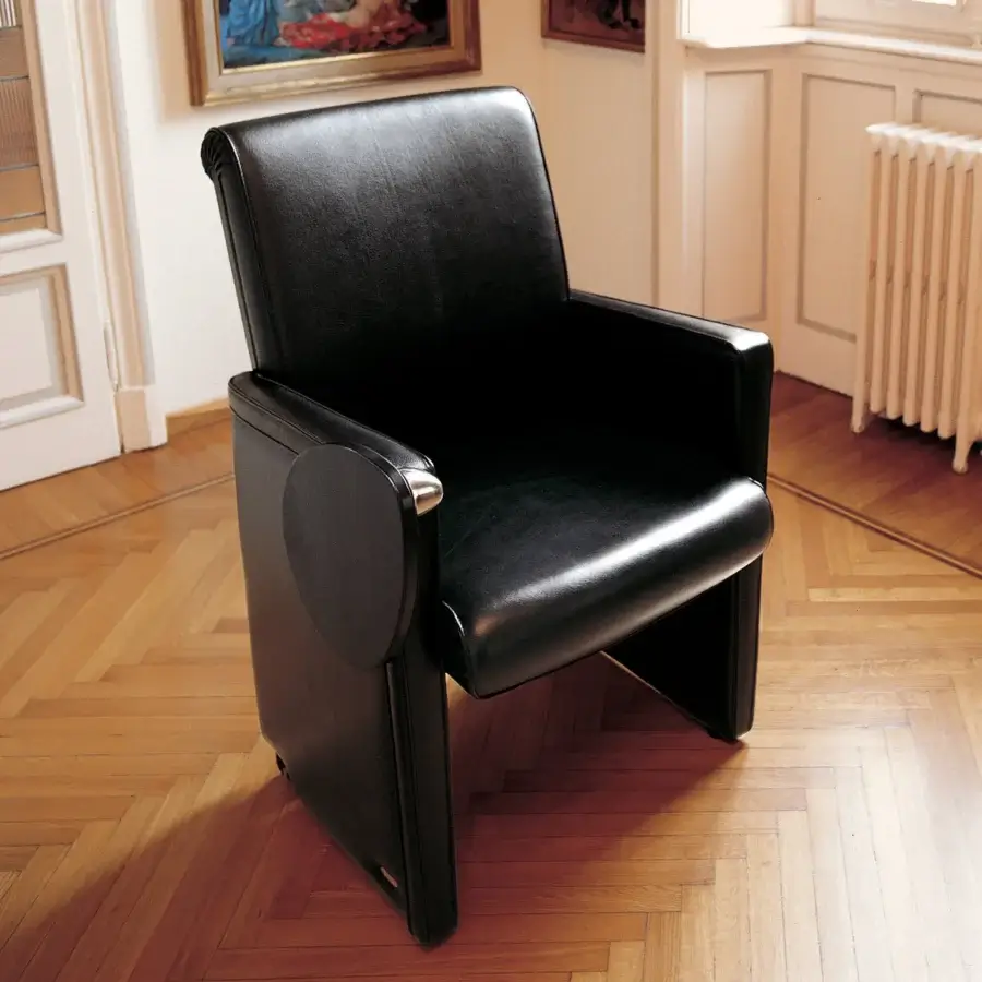 Distinguished Mascheroni Ypsilon V armchair in black natural ox leather with a smooth glossy finish and folding writing tablet