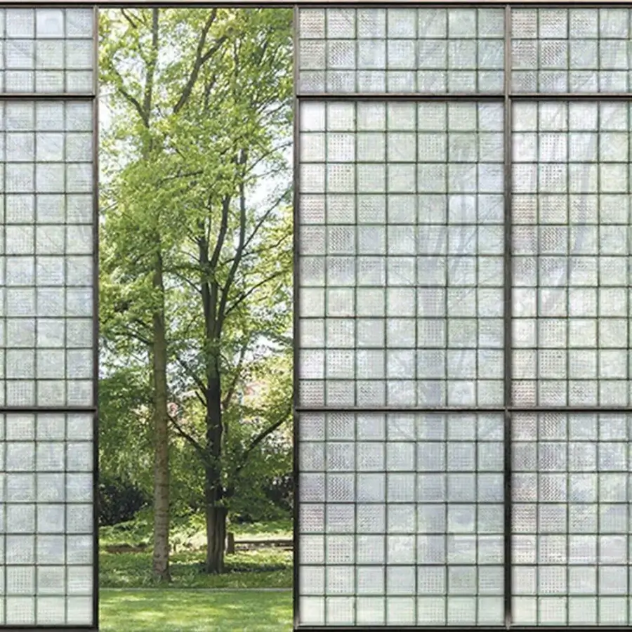 Architectural Adriani e Rossi Views wallpaper presents a stunning geometric grid with translucent glass panels in a pale gray cement base