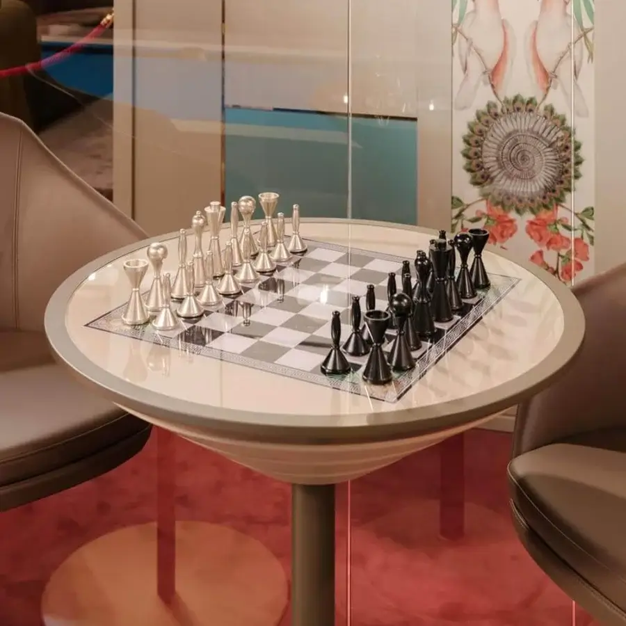 Exceptional Vismara Goemon table with printed glass top, metallic trim and lacquered base with polished chrome details