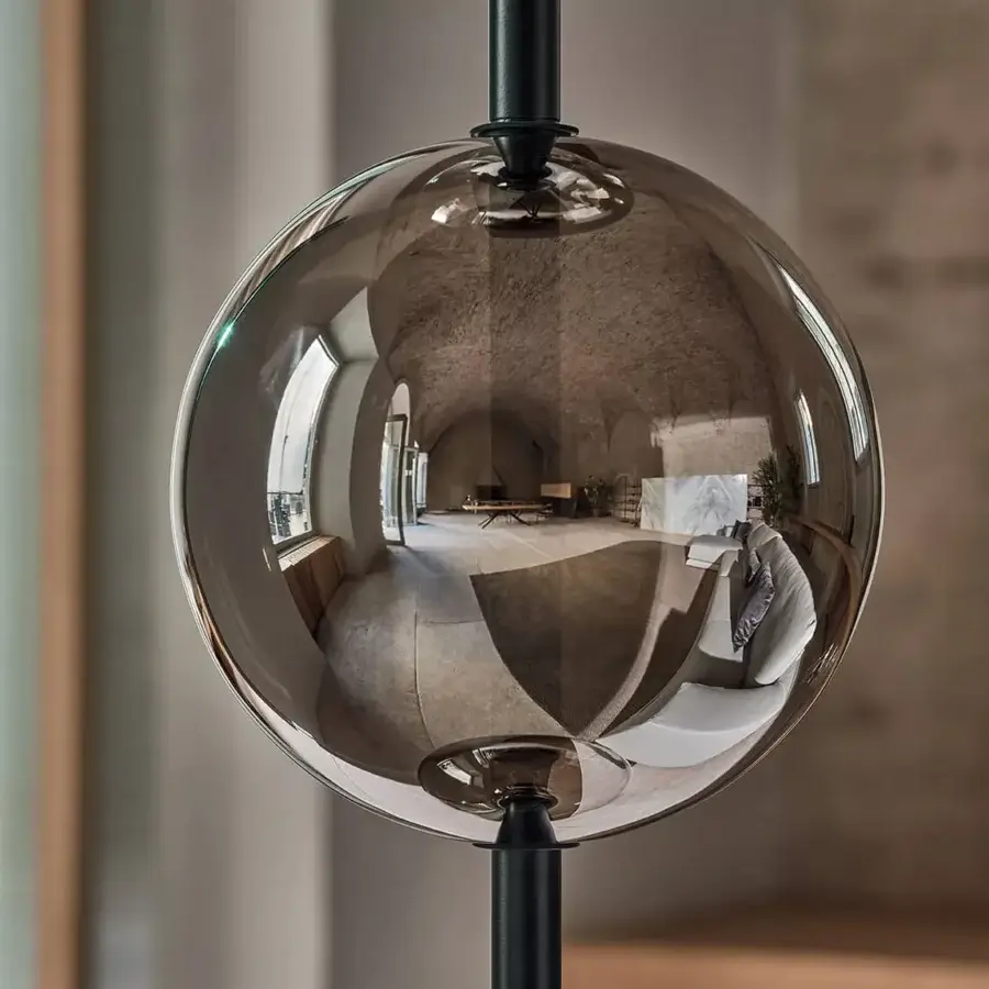 Superior Bontempi Sferatus floor lamp with sculpted borosilicate glass sphere and metallic silver polished metal construction
