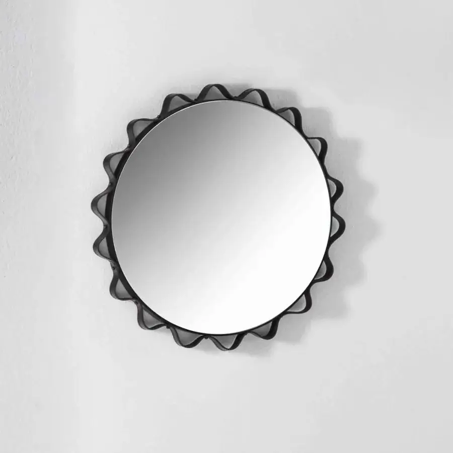 Distinguished Enrico Pellizzoni Glimt mirror crafted with a round glass surface and sculpted matte black leather frame