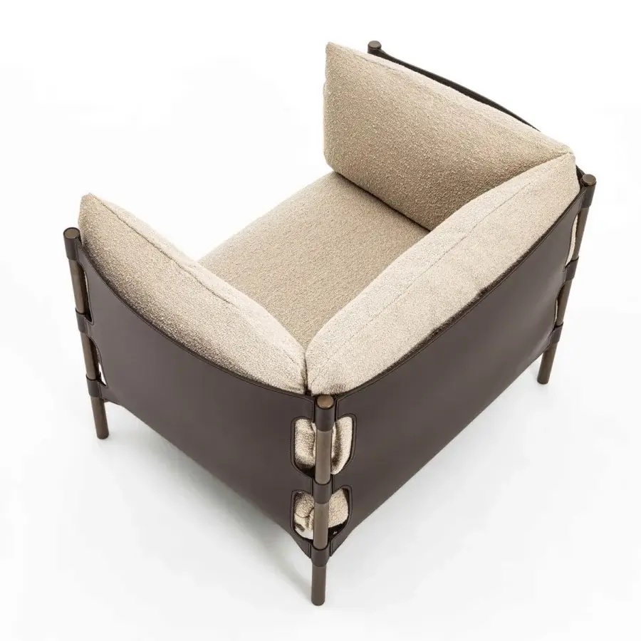 Superior Enrico Pellizzoni Iris lounge chair built with dark wood, textured beige seat and dark brown leather side panels with satin finish accents