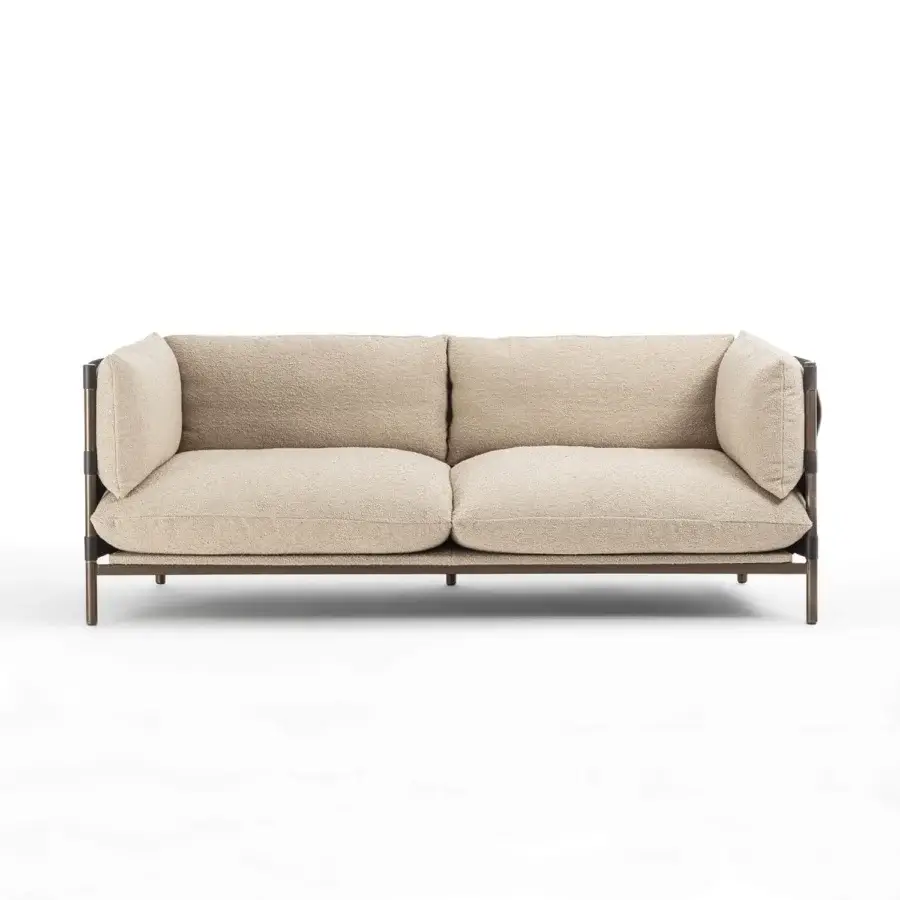 Elegant Enrico Pellizzoni Iris sofa with woven beige textile upholstery, leather accents and satin finished wood frame