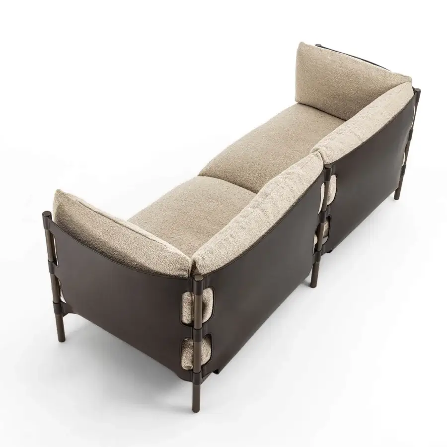 Distinguished Enrico Pellizzoni Iris sofa with light beige textured leather upholstery and dark brown satin-finished wood frame