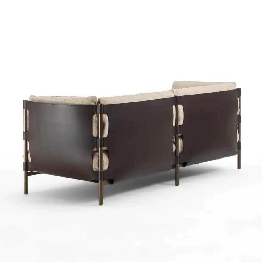 Exceptional Enrico Pellizzoni Iris sofa crafted with dark brown satin-finish leather and light beige textured cushions with integrated storage