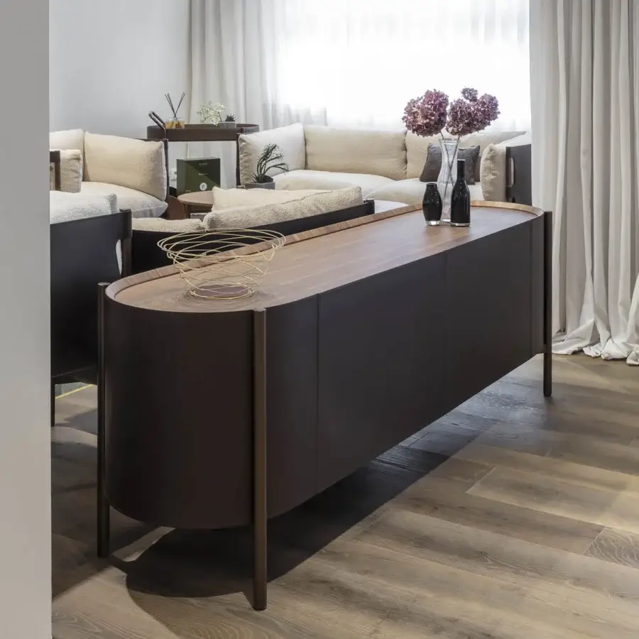 Distinguished Enrico Pellizzoni Iris sideboard crafted with Canaletto walnut and premium leather upholstery in chromatic contrast with a dark metal base