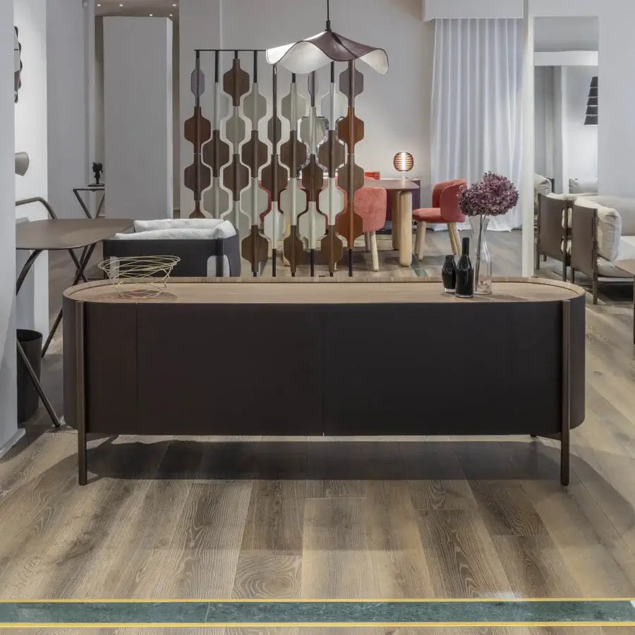 Exclusive Enrico Pellizzoni Iris sideboard built with Canaletto walnut and premium leather upholstery in contrasting dark brown tones