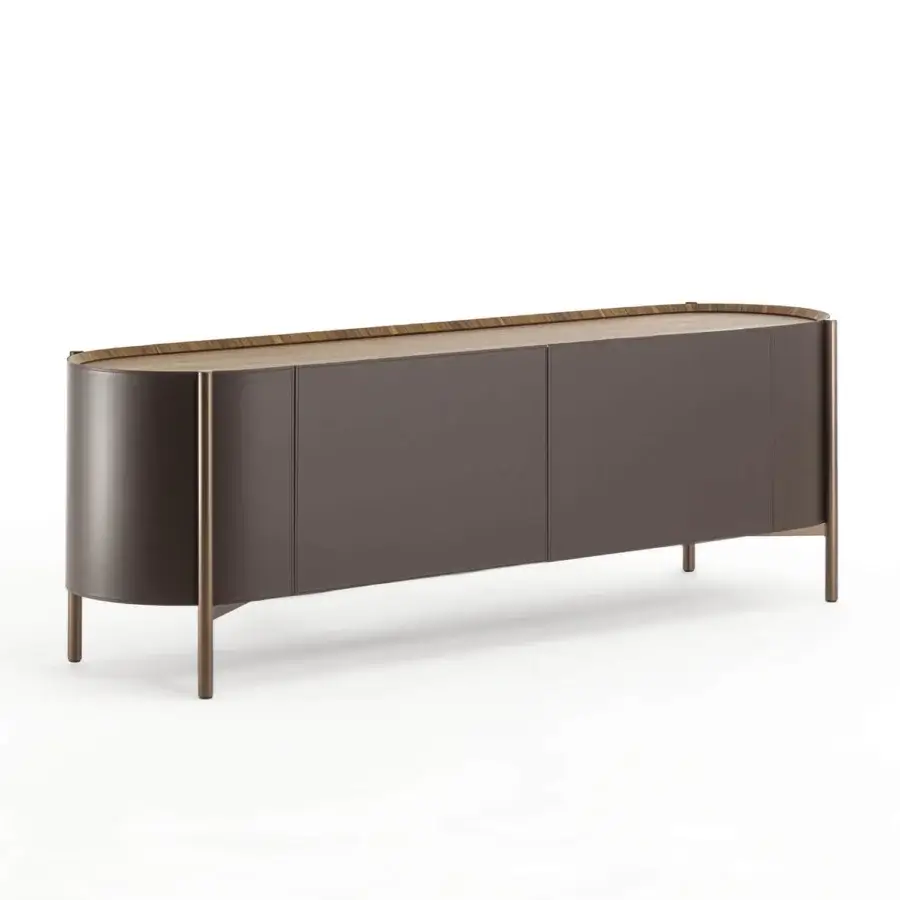 Distinguished Enrico Pellizzoni Iris sideboard built with Canaletto walnut and supple leather upholstery in a matte finish