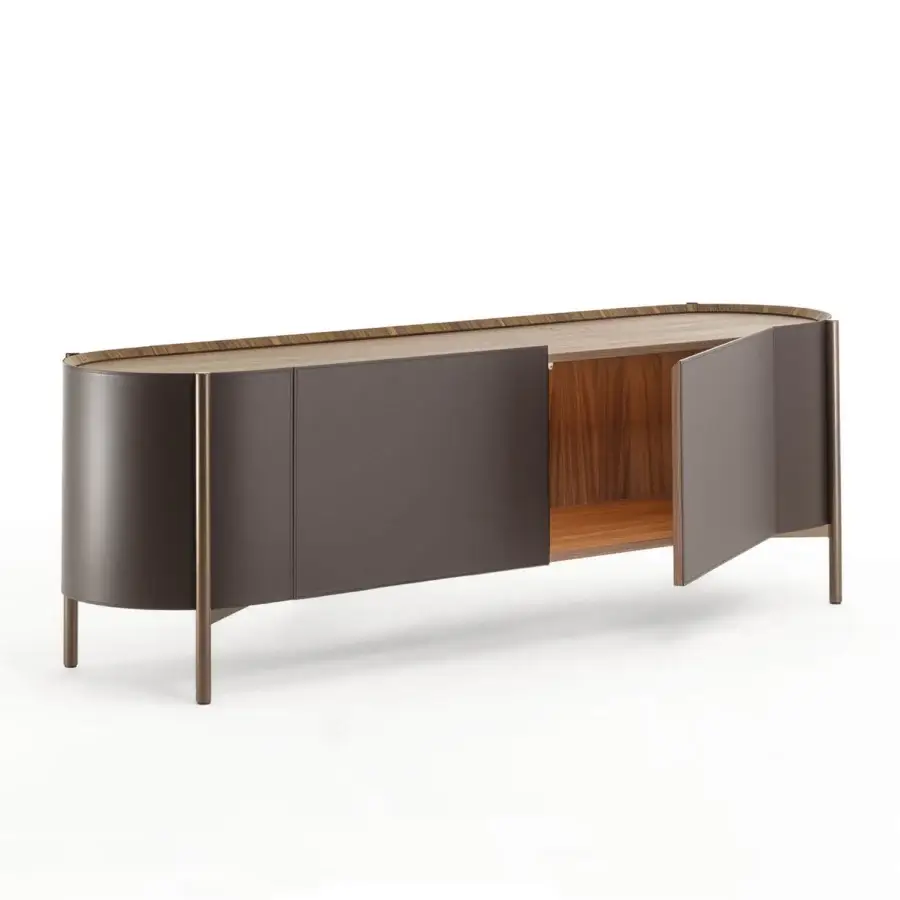 Exceptional Enrico Pellizzoni Iris sideboard crafted with Canaletto walnut and luxurious brown leather upholstery with a satin sheen