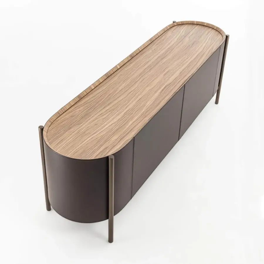 Superior Enrico Pellizzoni Iris sideboard built with Canaletto walnut and lavish leather upholstery in satin finish