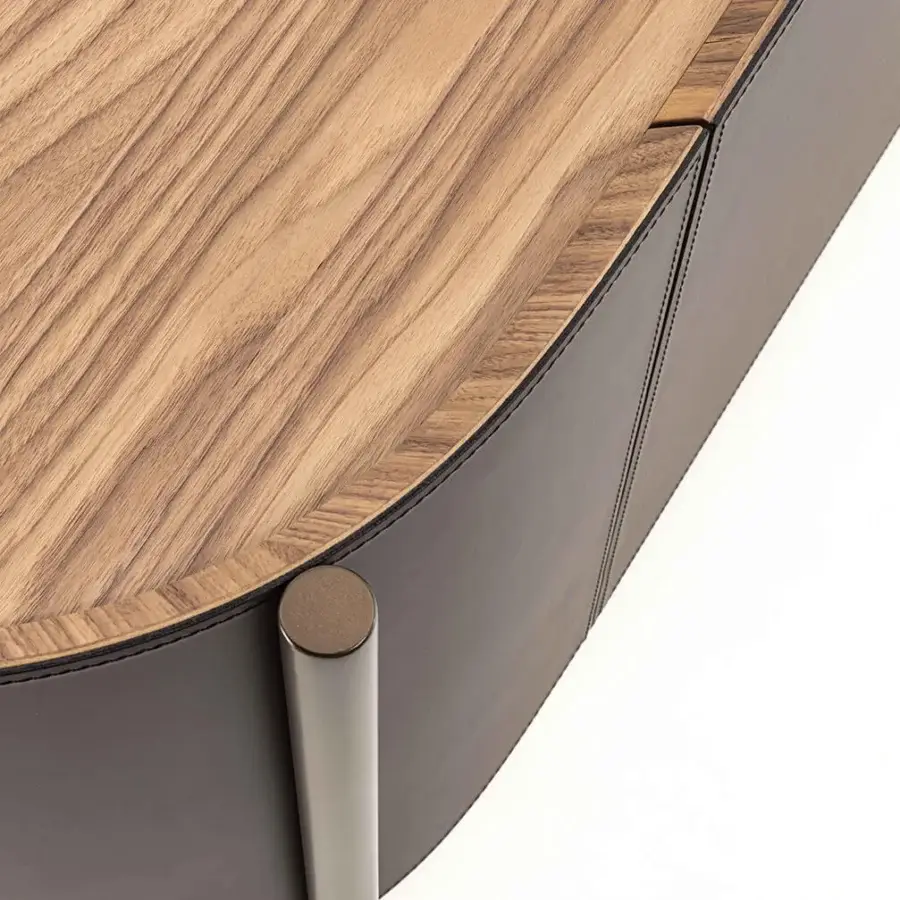 Elegant Enrico Pellizzoni Iris sideboard crafted in Canaletto walnut with dark gray leather upholstery and cylindrical metal leg