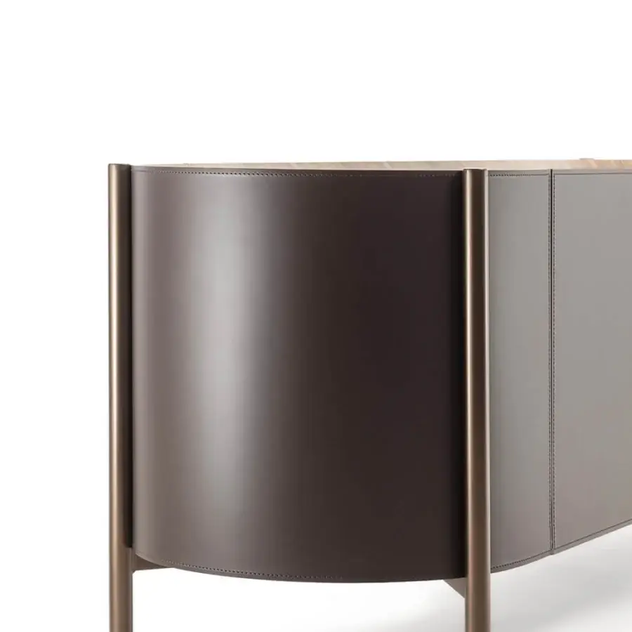 Distinguished Enrico Pellizzoni Iris sideboard built with Canaletto walnut and chocolate brown leather upholstery with bronze-like metal finish