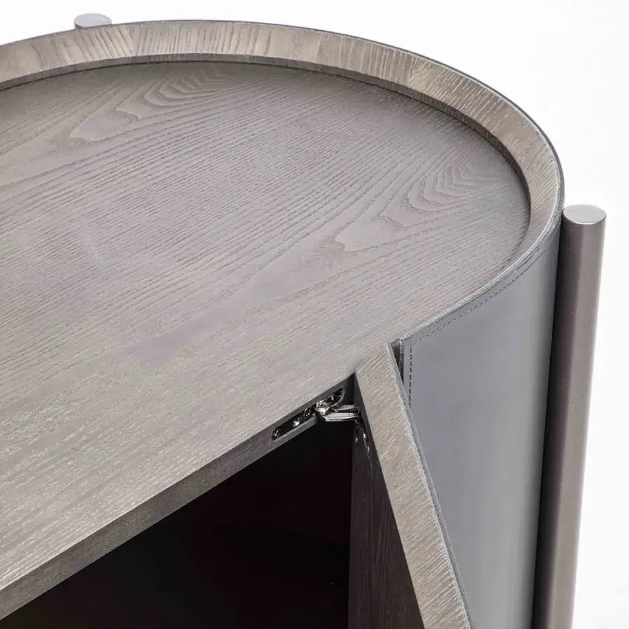 Exceptional Enrico Pellizzoni Iris sideboard crafted with ash and muted gray tone, featuring premium leather upholstery with a matte finish