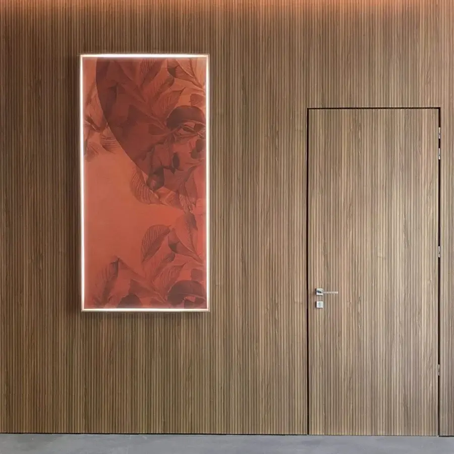 Refined Adriani e Rossi Walnut Rhythm wallpaper with a striking vertical striped pattern and FSC-certified wood composition