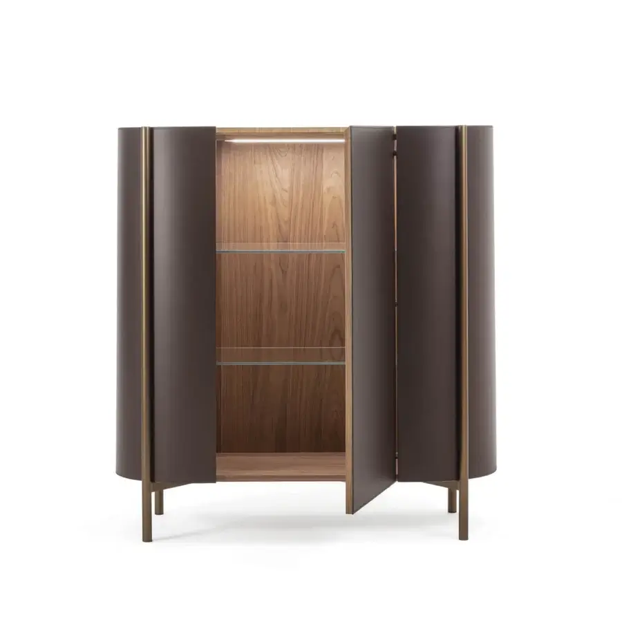 Superior Enrico Pellizzoni Iris Cupboard with dark brown leather upholstery and brass-toned metal base crafted with integrated lighting