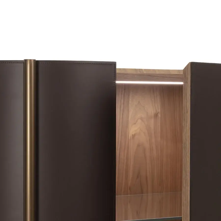 Distinguished Enrico Pellizzoni Iris Cupboard with dark brown leather upholstery and sleek brass metal accents