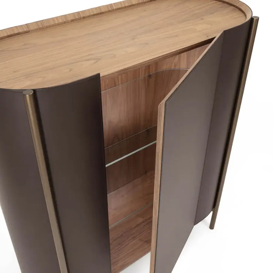 Exceptional Enrico Pellizzoni Iris Cupboard with warm brown leather upholstery and satin finished wood, illuminated by integrated lighting