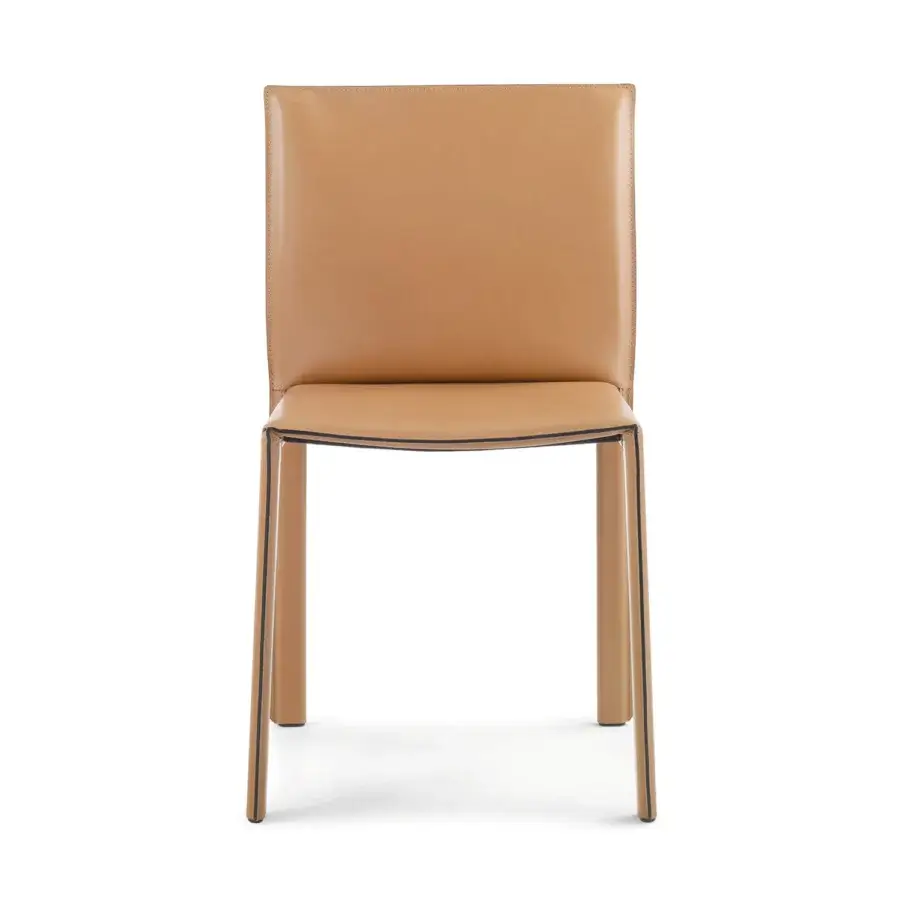 Distinguished Enrico Pellizzoni Pasqualina chair with completely leather-covered structure and subtle dark detailing in a warm light tan color