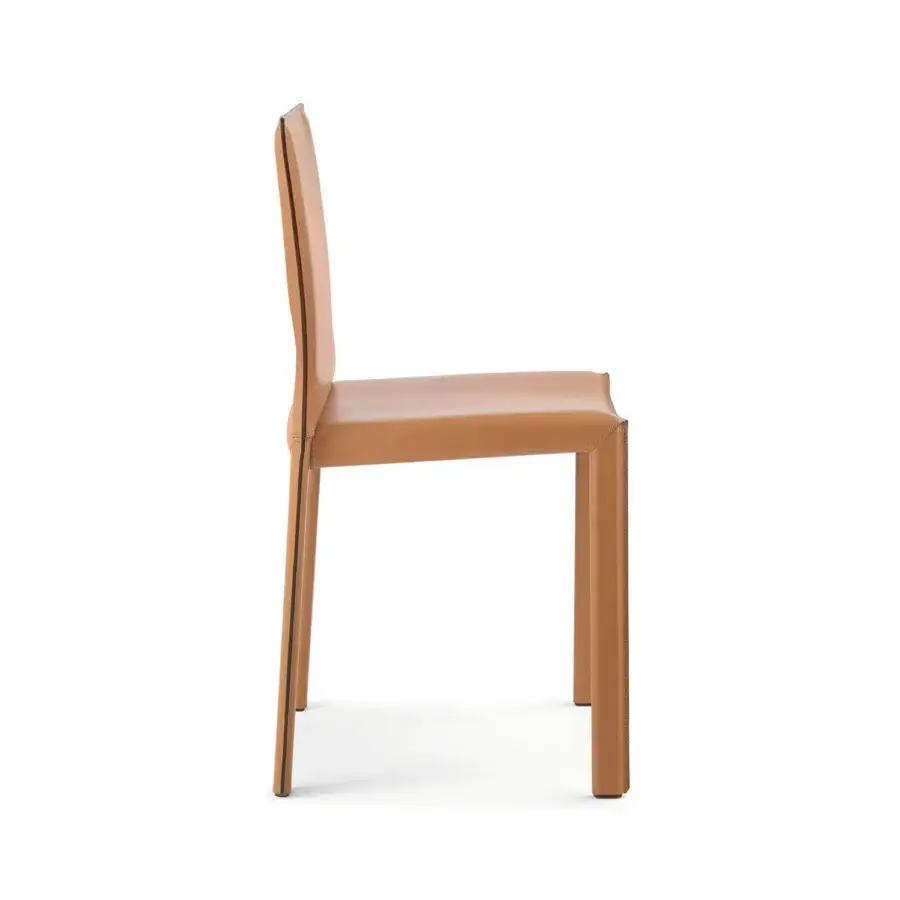 Exceptional Enrico Pellizzoni Pasqualina chair crafted in smooth satin-finish leather with visible stitching and a warm brown palette
