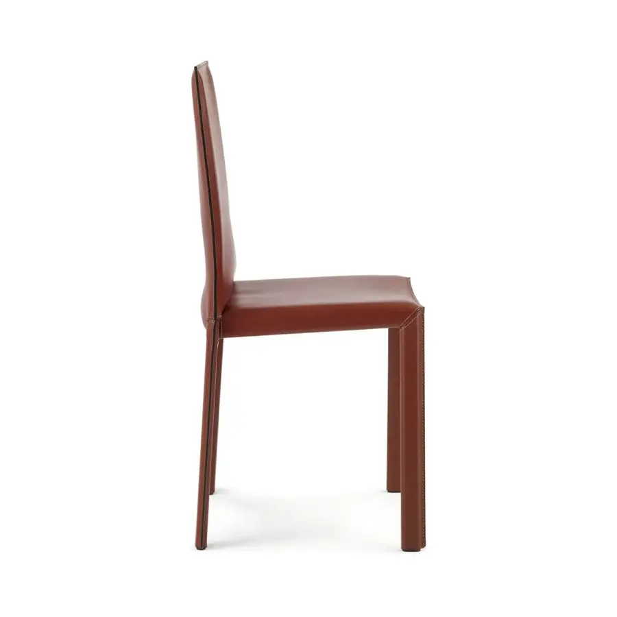 Distinguished Enrico Pellizzoni Pasqualina chair crafted in reddish-brown leather with visible stitching and an inclined backrest