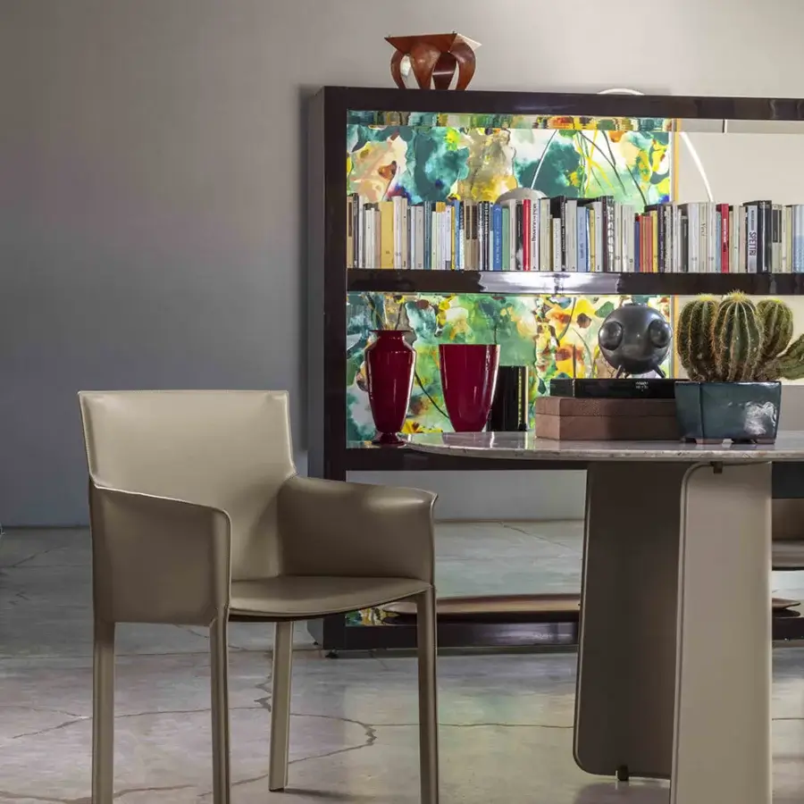 Elegant Enrico Pellizzoni Pasqualina armchair with fully covered leather and expertly visible stitching in a neutral beige finish