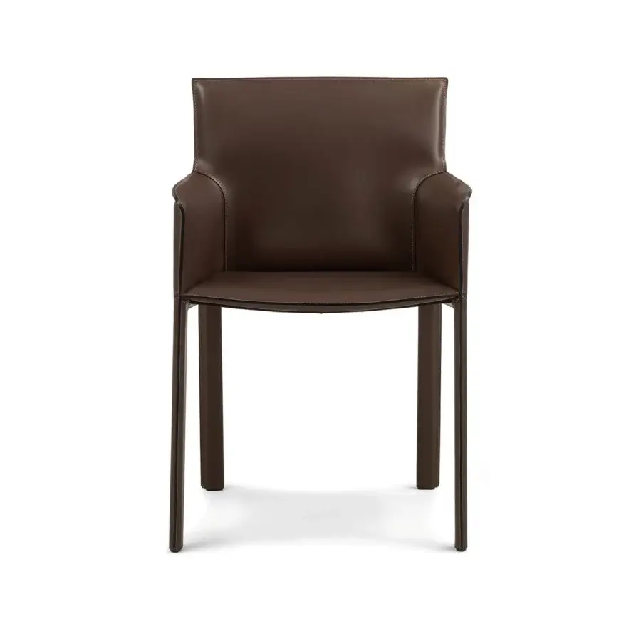 Exceptional Enrico Pellizzoni Pasqualina armchair with dark brown leather upholstery and satin sheen wood finish