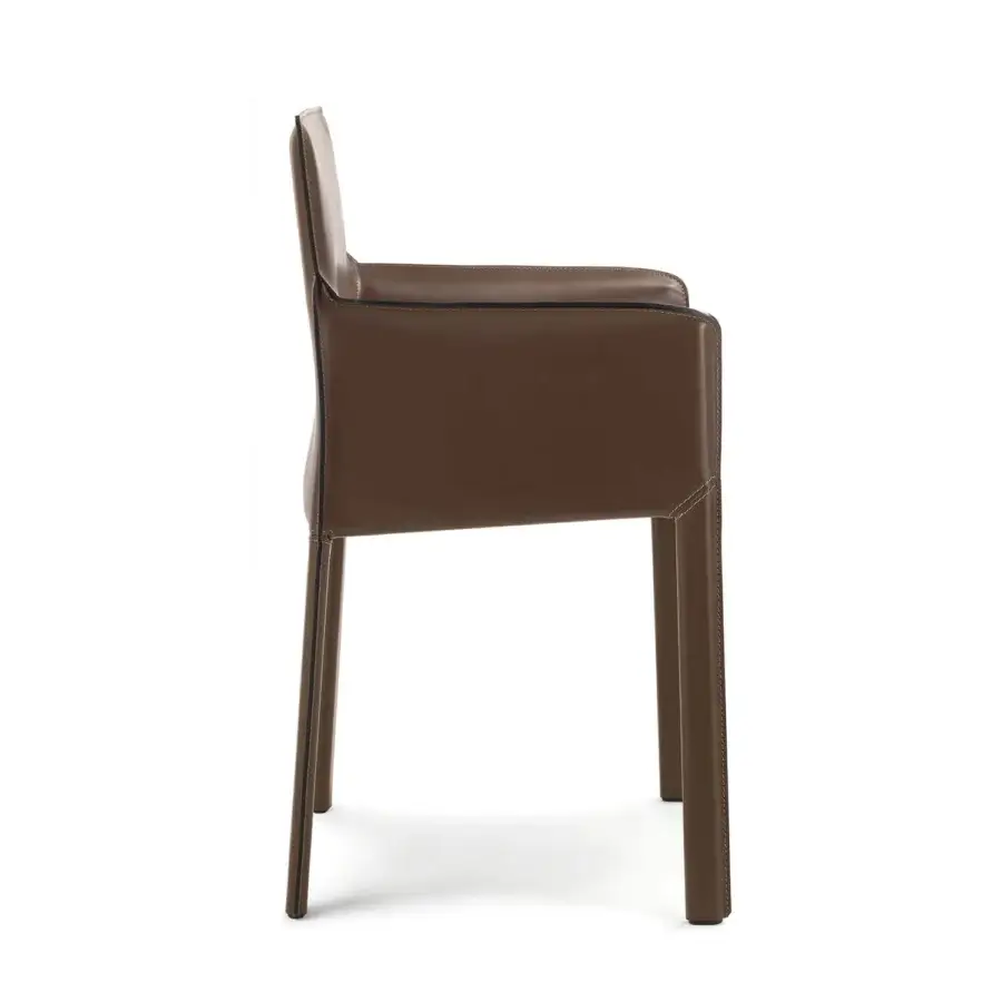 Superior Enrico Pellizzoni Pasqualina armchair with medium brown leather and darker wood, exhibiting skilled visible stitching and matte finish