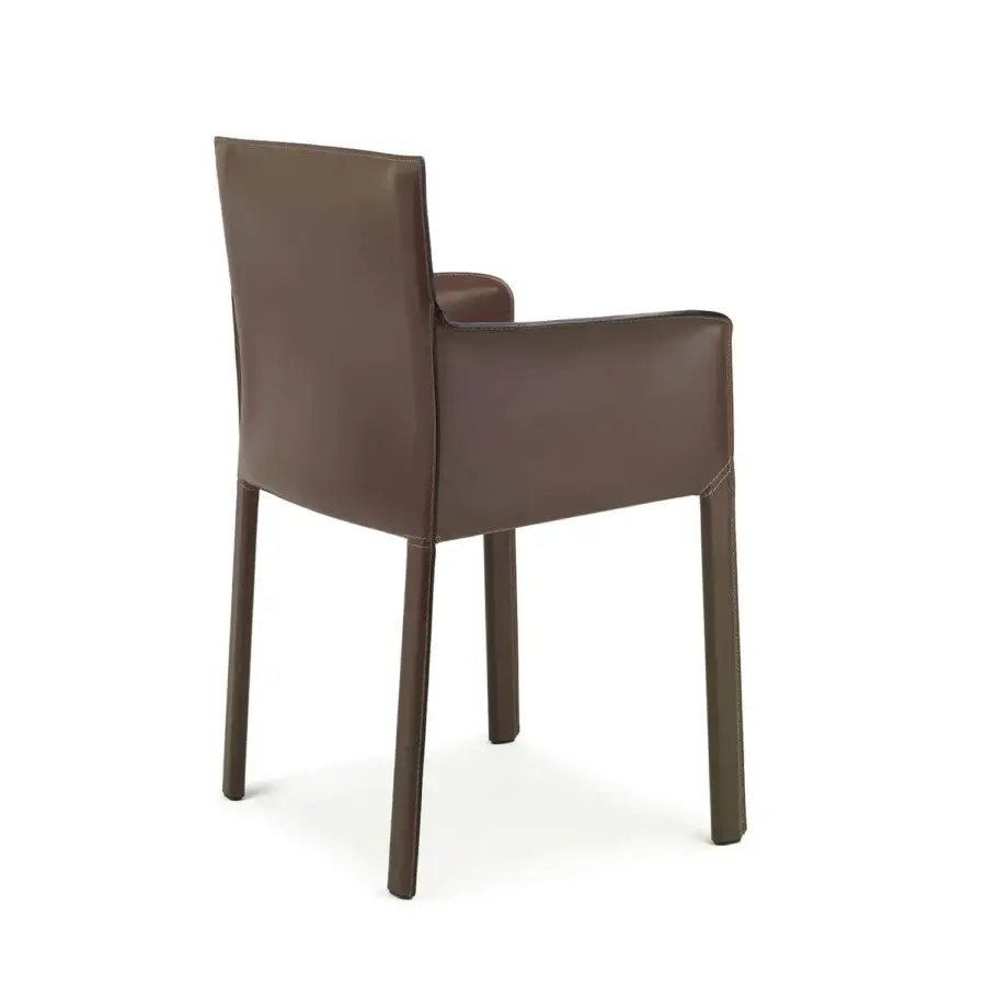 Distinguished Enrico Pellizzoni Pasqualina armchair with dark brown leather and contrasting stitching crafted with a smooth matte finish