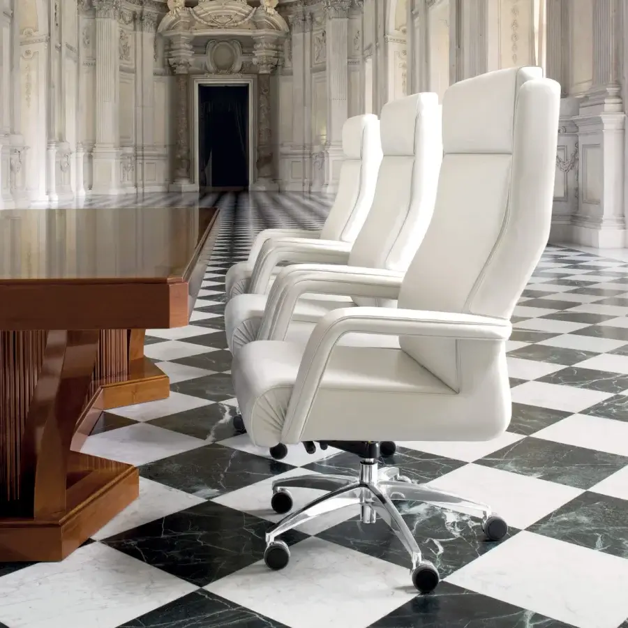 Exclusive Mascheroni Ypsilon BR office armchair with white upholstery and polished aluminum five-star base