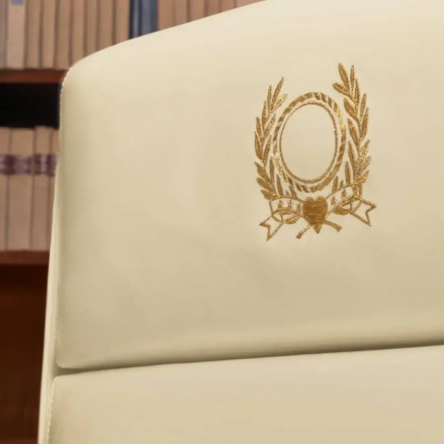 Lavish Mascheroni Ypsilon BR office armchair with creamy off-white leather and ornate gold-colored embroidery