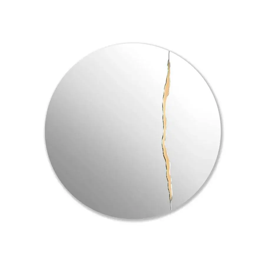 Lavish Reflex Impact mirror crafted in extra clear glass with gold finish and nuanced crack detail revealing a light tan underlayer