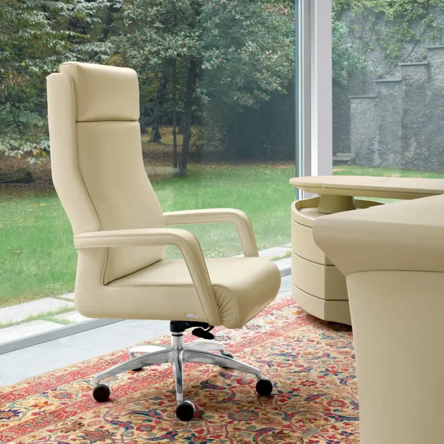 Elegant Mascheroni Ypsilon BR office armchair with light beige leather upholstery and polished metal five-star base