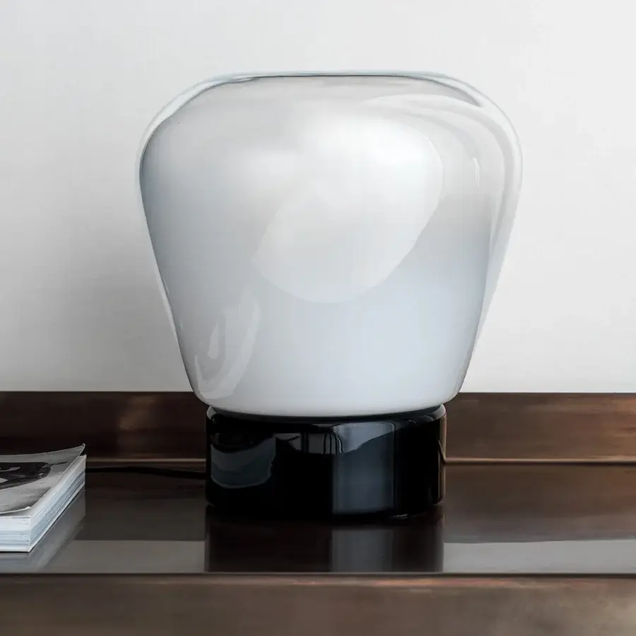 Elegant Bontempi Stone table lamp with beautifully blown white glass shade and glossy black base