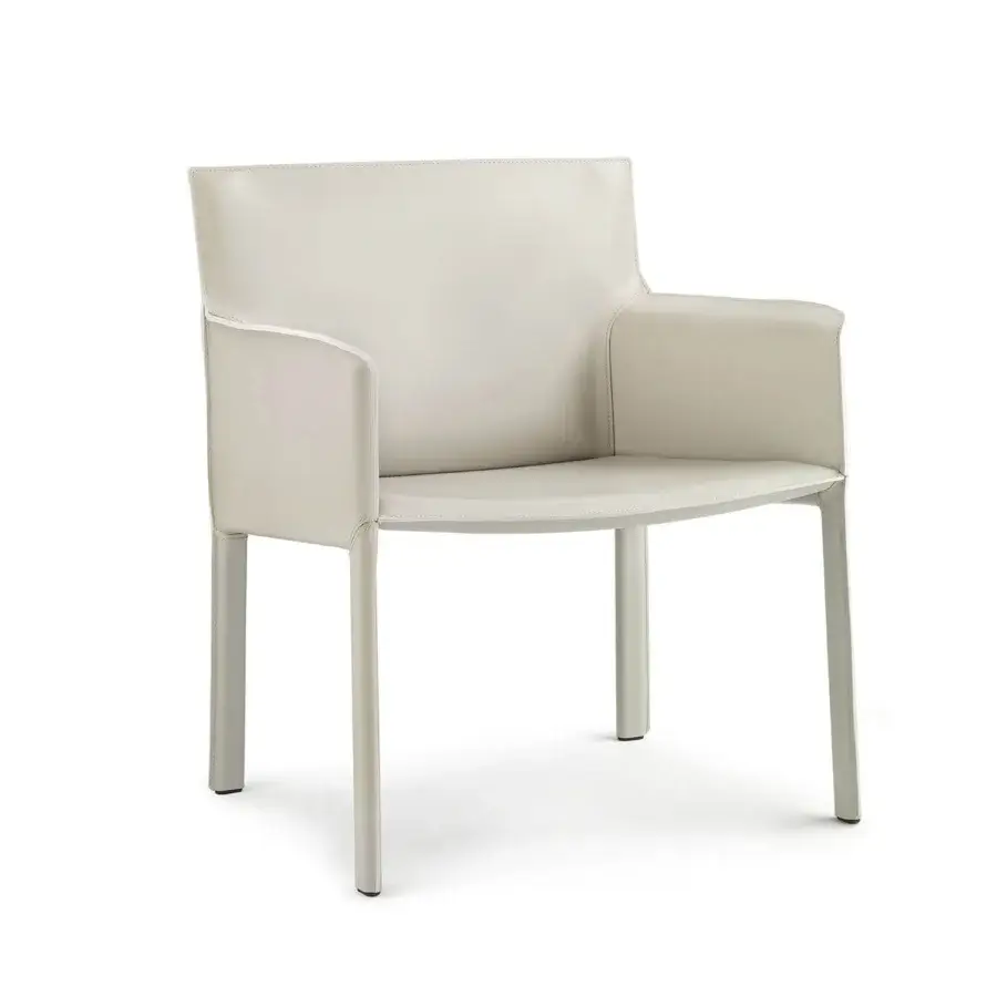 Superior Enrico Pellizzoni Pasqualina lounge chair with neutral beige leather upholstery and precise visible stitching