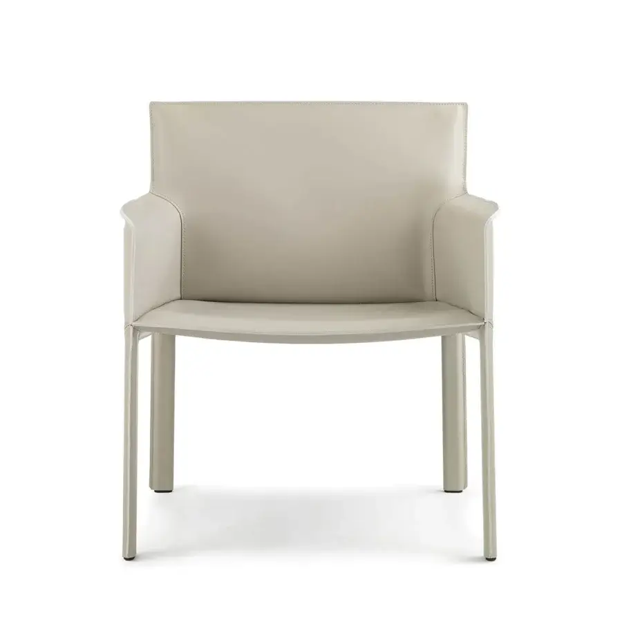 Exceptional Enrico Pellizzoni Pasqualina lounge chair with neutral beige leather upholstery and matte finish