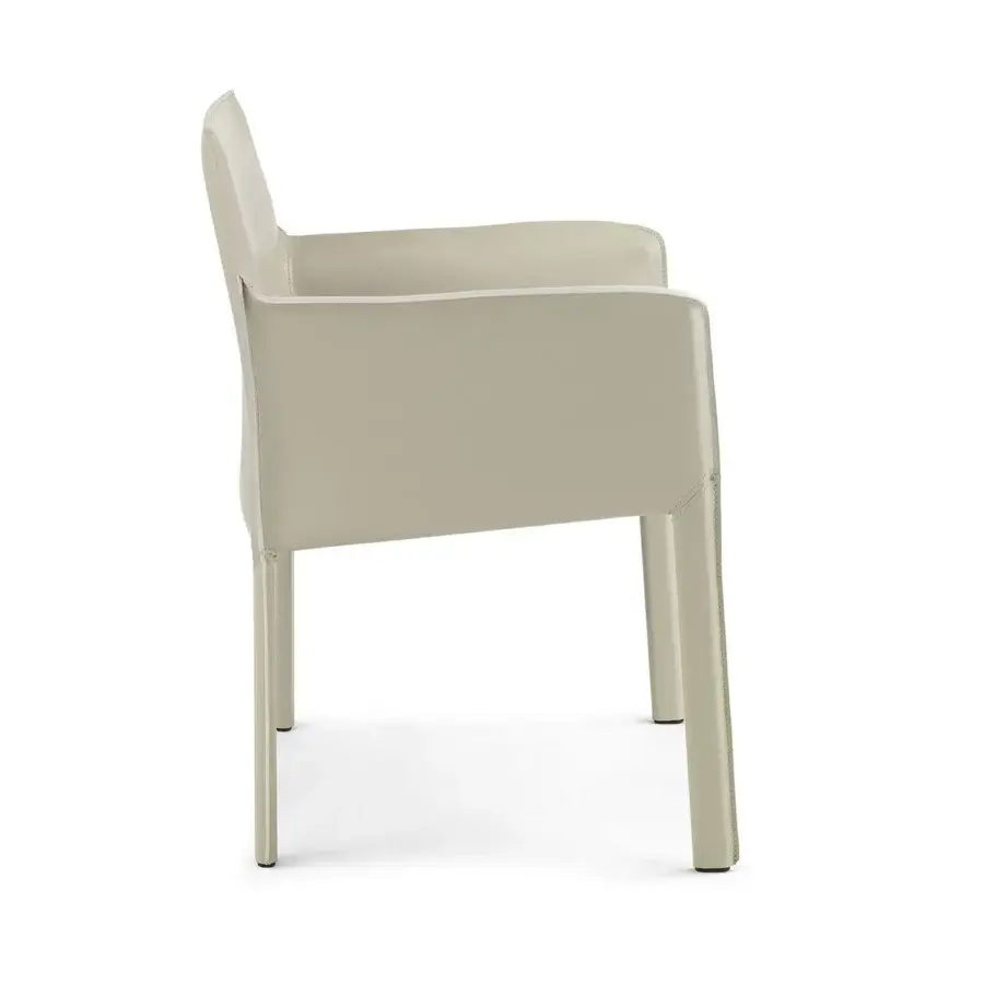Distinguished Enrico Pellizzoni Pasqualina lounge chair crafted in light beige leather with precise visible stitching